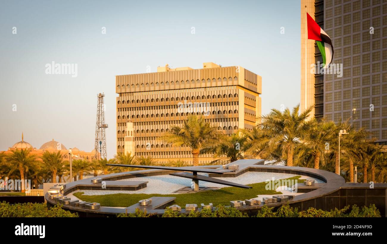 Abu Dhabi , UAE 10 october 2020 Capital City of United Arab Emirates with emirates flag