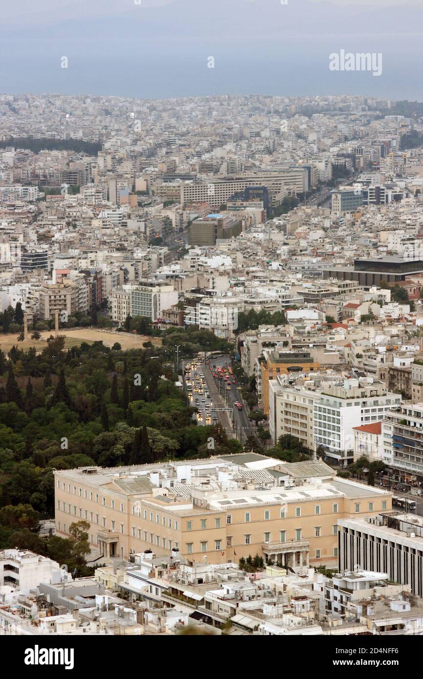 Aerial view of Athens and the Parliament building from Lycabettus hill Stock Photo