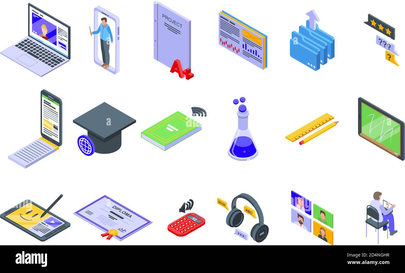 Online training icons set, isometric style Stock Vector