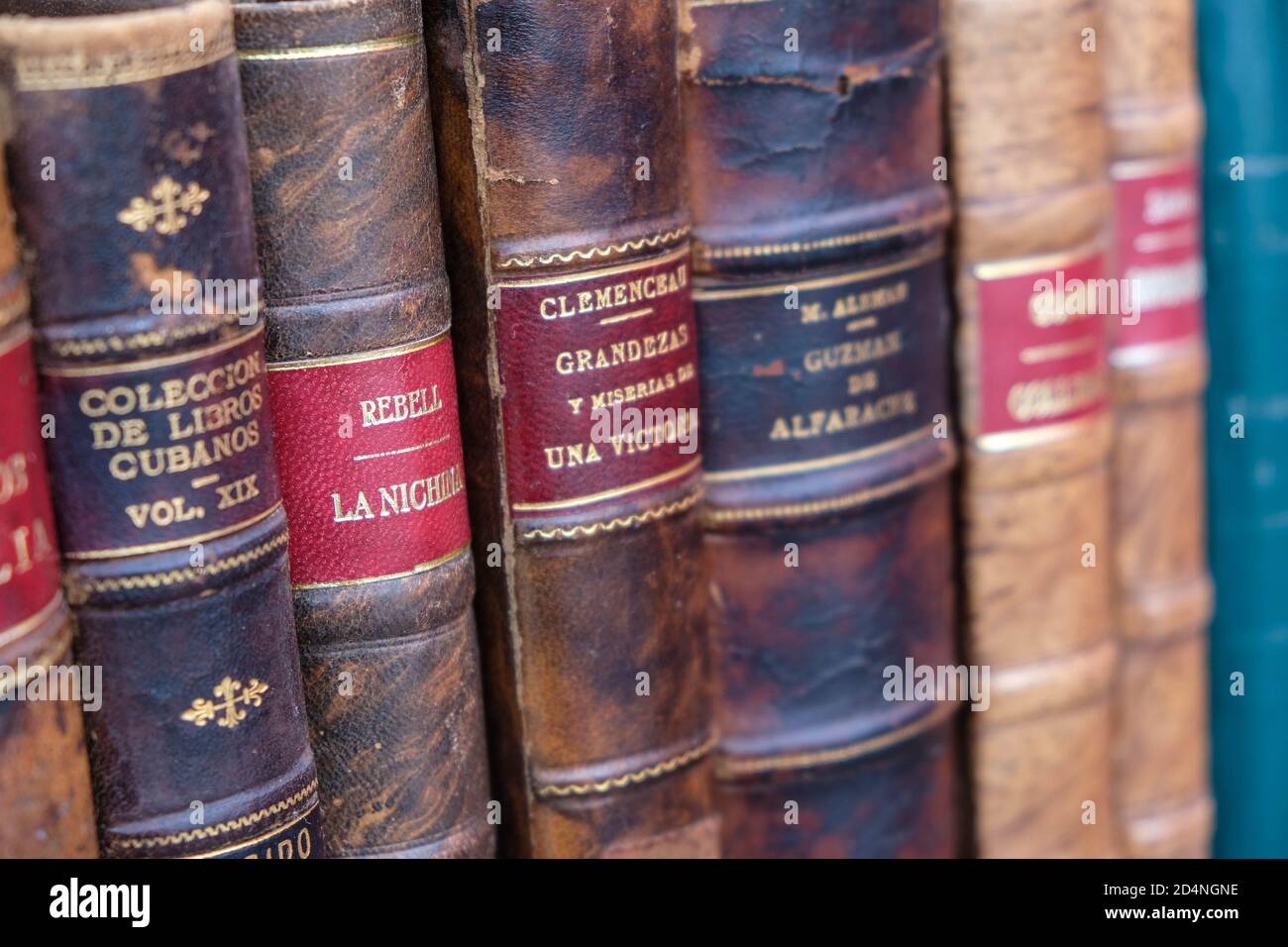 Row of vintage old leather books on a Cuban garage sale outside Stock Photo