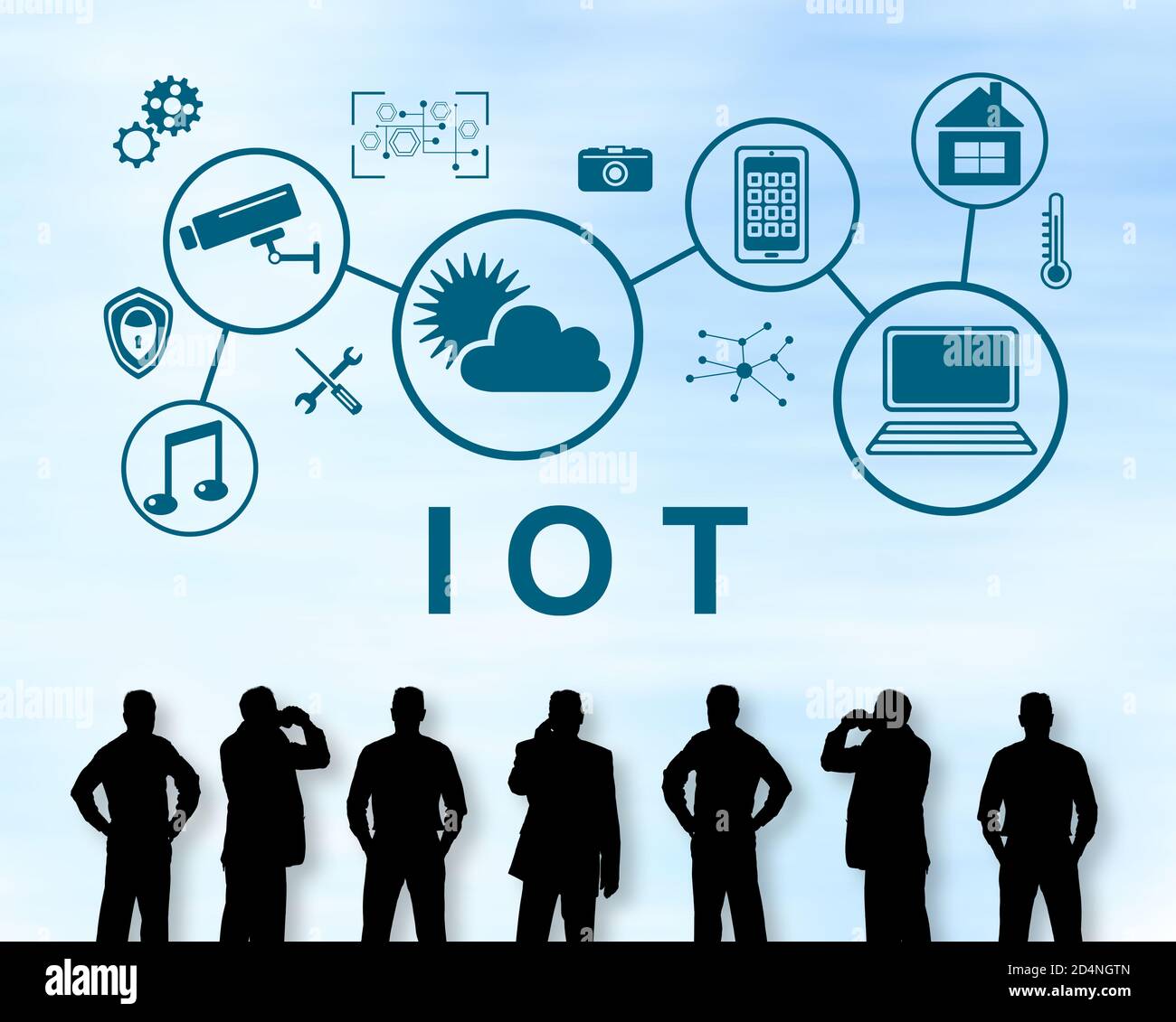 Silhouettes of men looking at an iot concept Stock Photo - Alamy