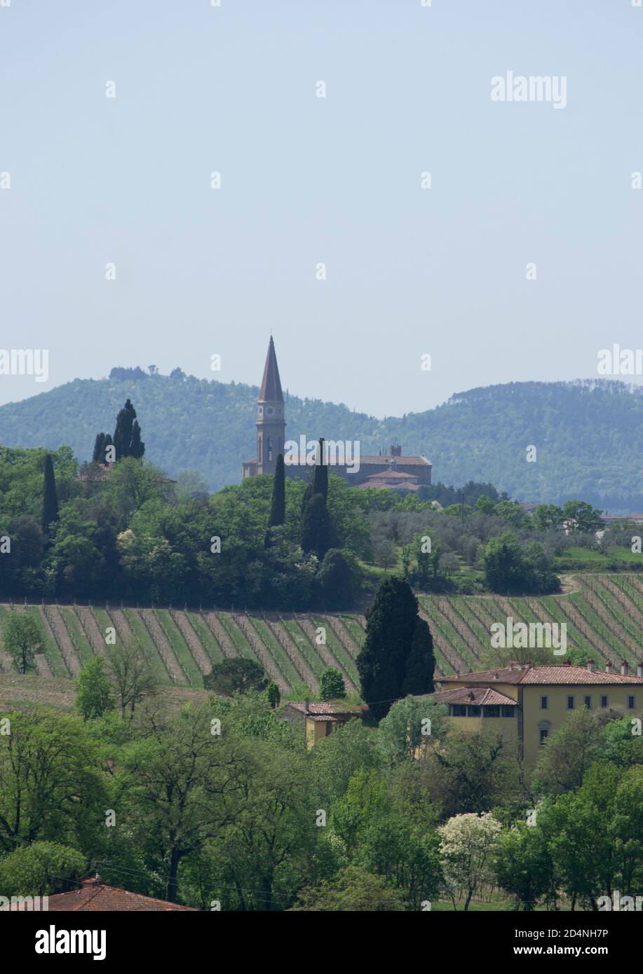 view of the Arezzo cathedral and the surrounding countryside with the typical vineyards, on a sunny spring day Stock Photo