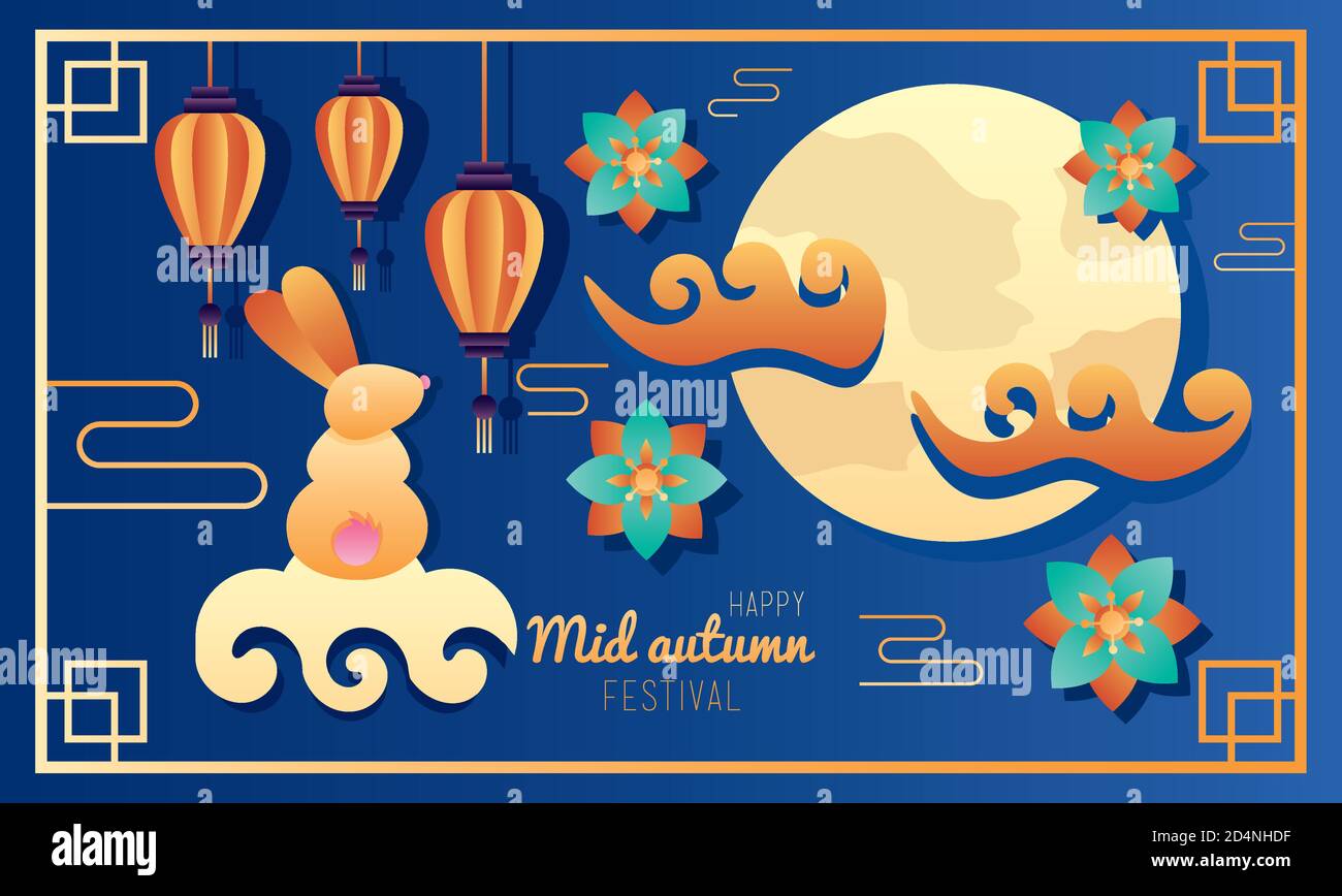 happy mid autumn festival lettering poster with rabbit and moon vector ...