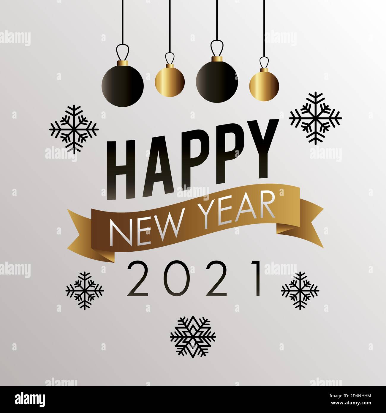 happy new year 2021 lettering with golden balls hanging and snowflakes vector illustration design Stock Vector