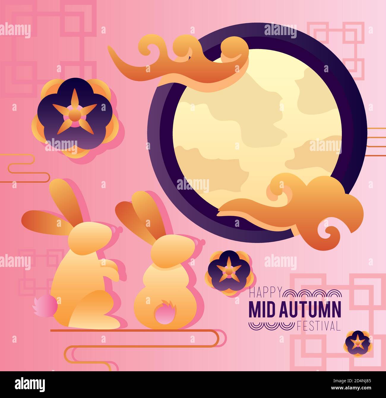 happy mid autumn festival lettering poster with rabbits and moon vector ...