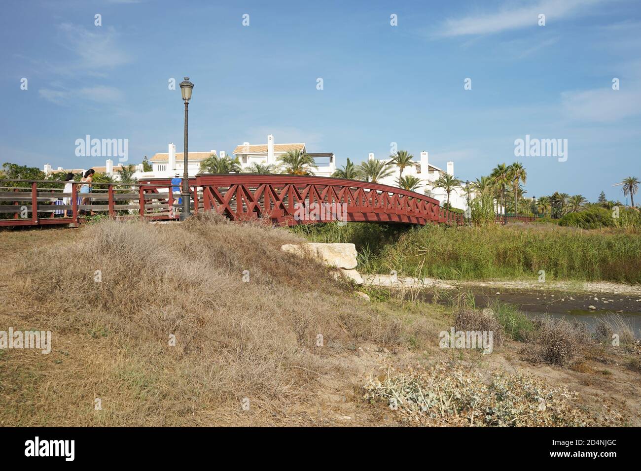 Río Real wooden bridge forming part of the seafront promenade project, Marbella, Andalusia, Spain. Stock Photo
