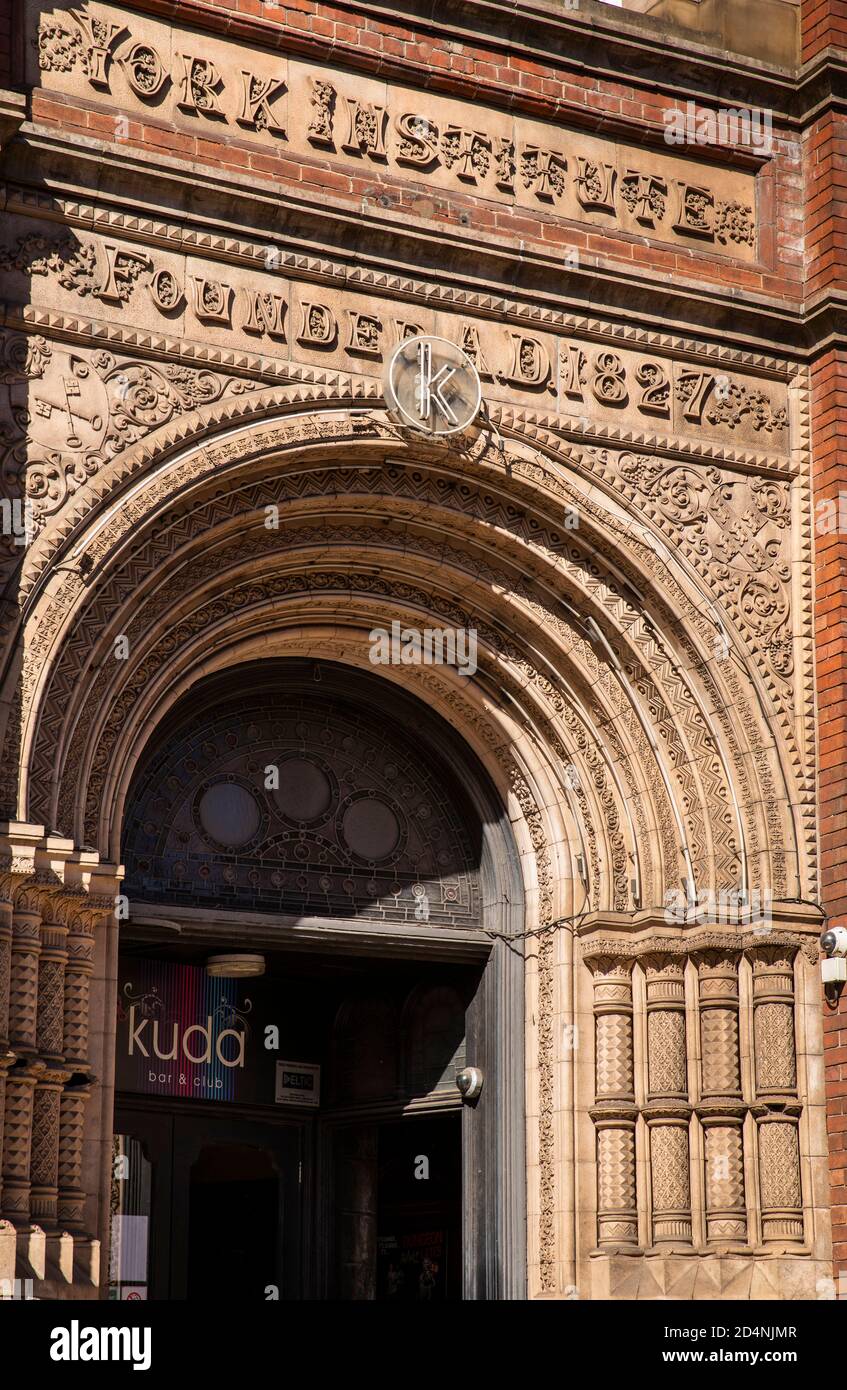 UK, England, Yorkshire, York, Clifford Street, ornate doorway of York Institute building (Founded 1827) now Kuda bar Stock Photo