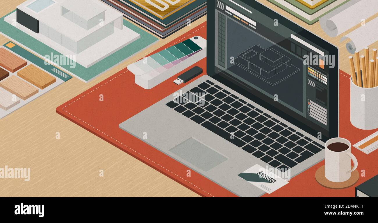 Isometric architect desk with house project on a laptop, swatches and