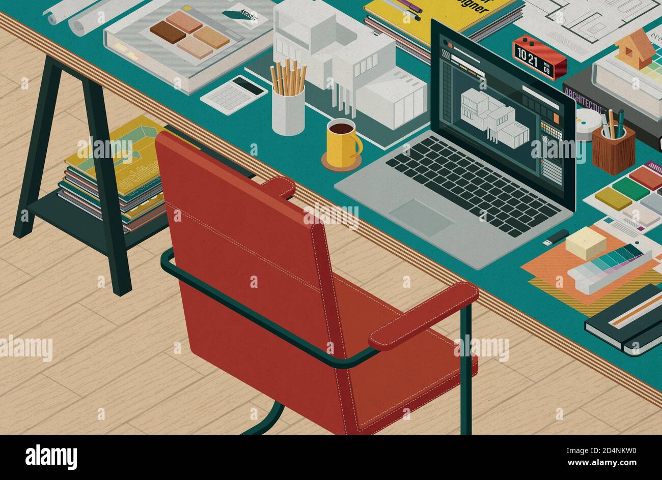 Isometric architect desk with house project on a laptop, swatches and