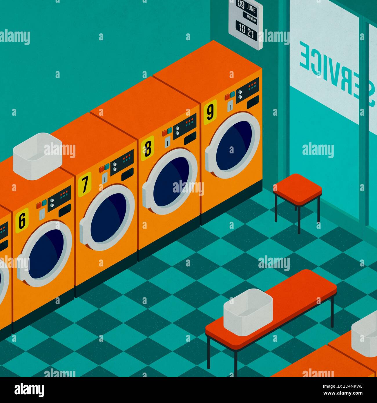 Isometric self-service coin operated laundry interior with professional washing machines Stock Photo