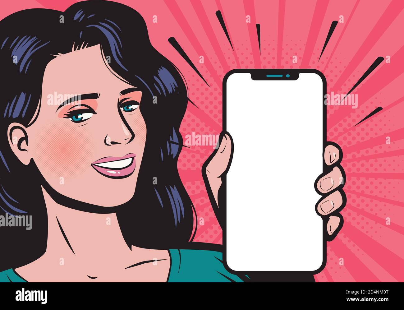 Beautiful young woman with smartphone. Mobile app vector illustration in style comic pop art Stock Vector