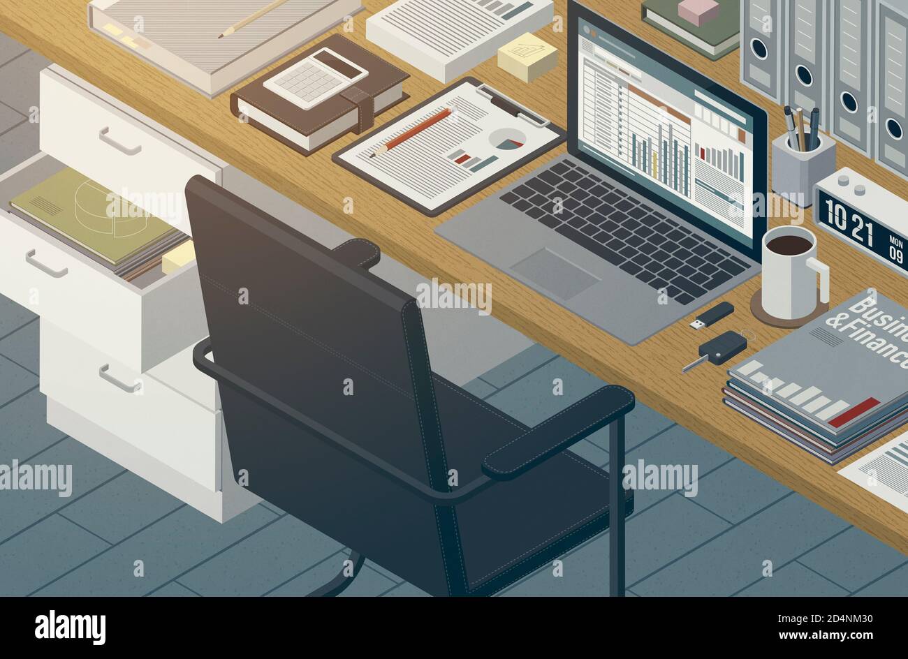 3D illustration. Isometric business desktop with laptop and financial ...