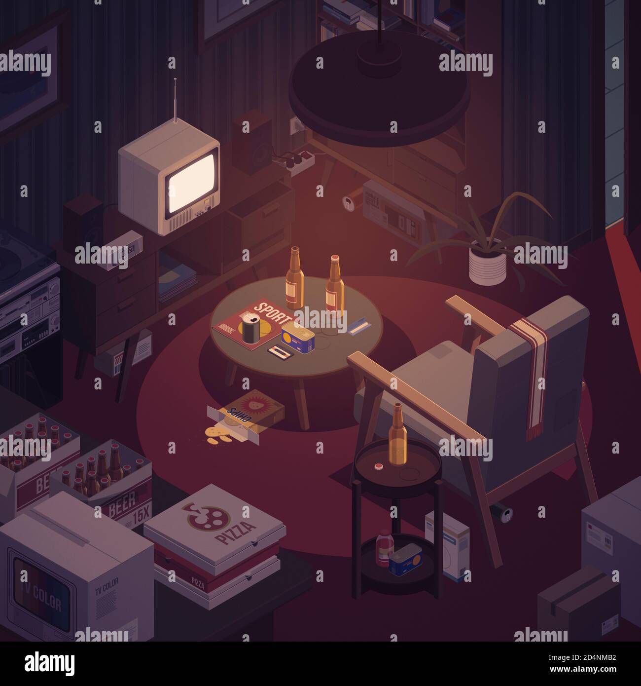 Messy living room interior with old vintage furniture, television ...