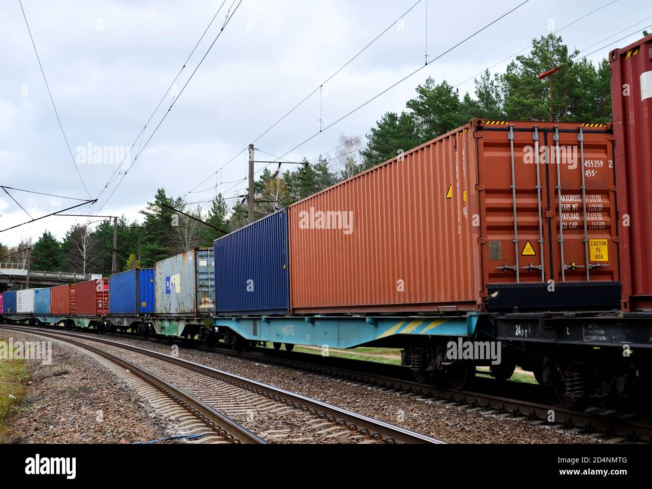 Freight train, transportation of railway cars by cargo containers ...
