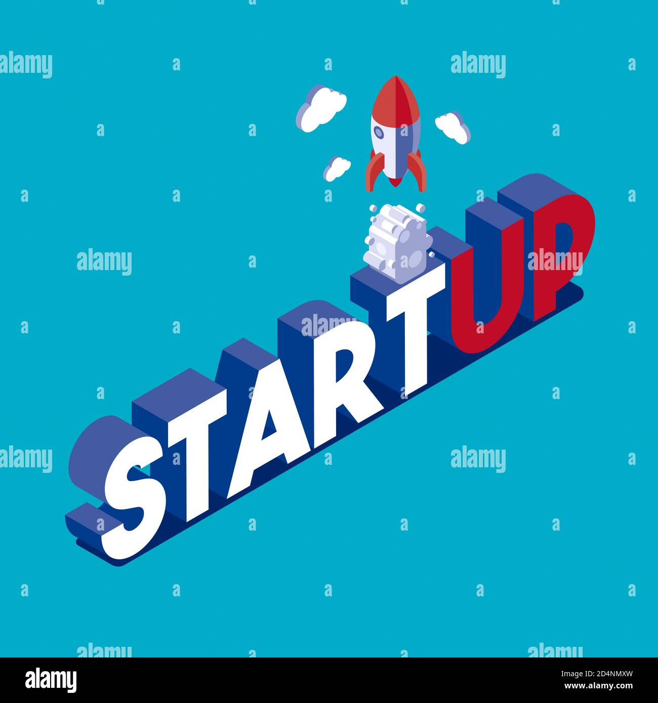 Start up and business innovation concept with rocket launch, isometric ...