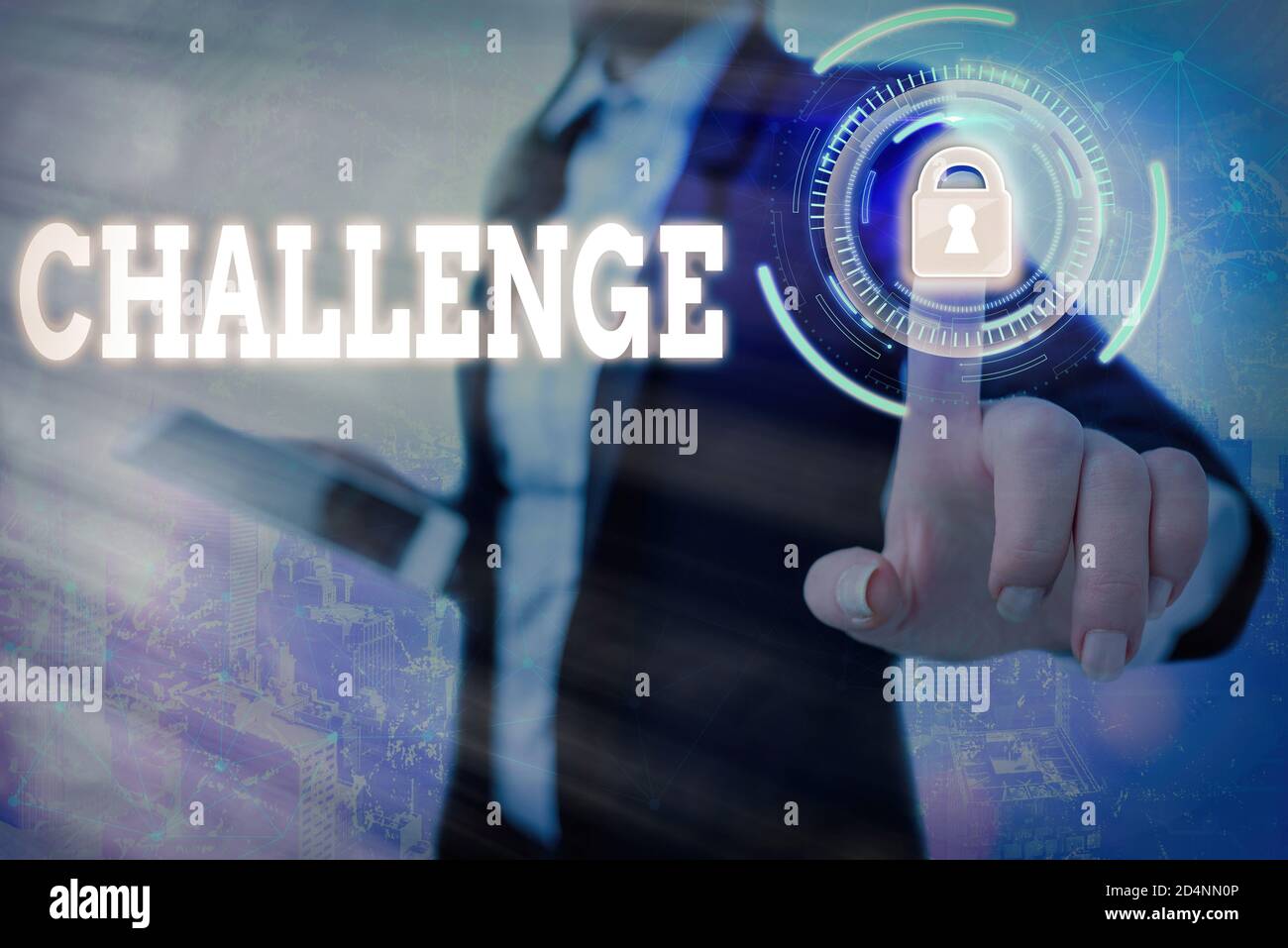 Text sign showing Challenge. Business photo text process of provoking or testing physiological activity by exposure Graphics padlock for web data info Stock Photo