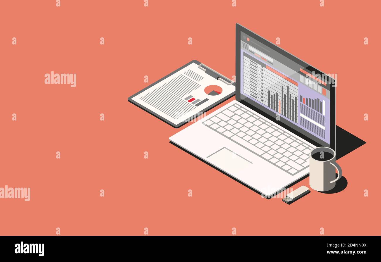 Isometric business desktop with laptop and financial charts, isometric ...