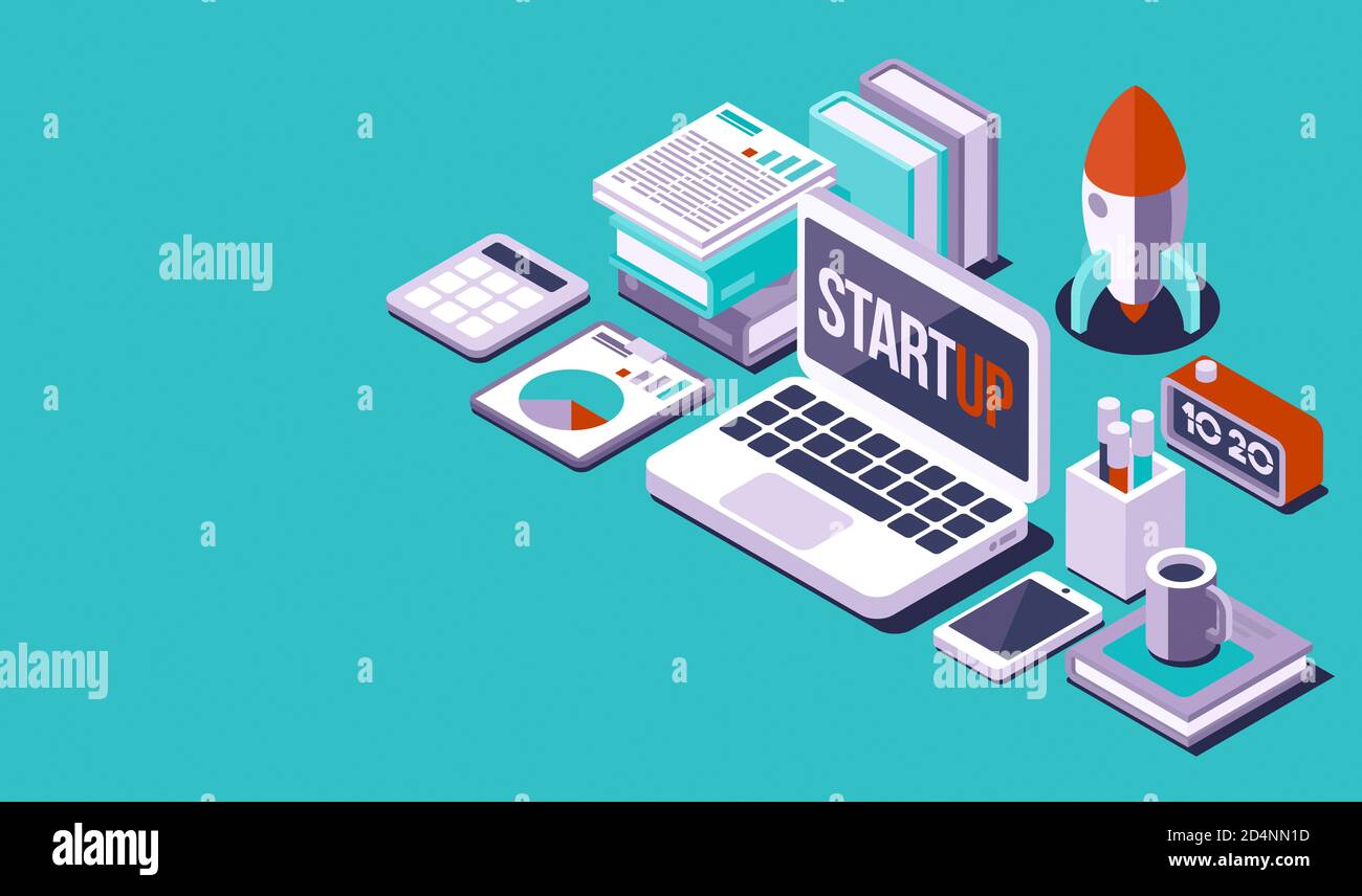 New start up business, desktop with laptop, paperwork and rocket