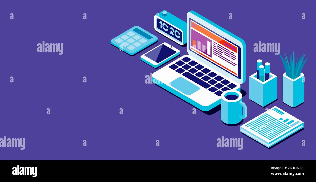 Isometric business desktop with laptop and stationery, 3D illustration ...