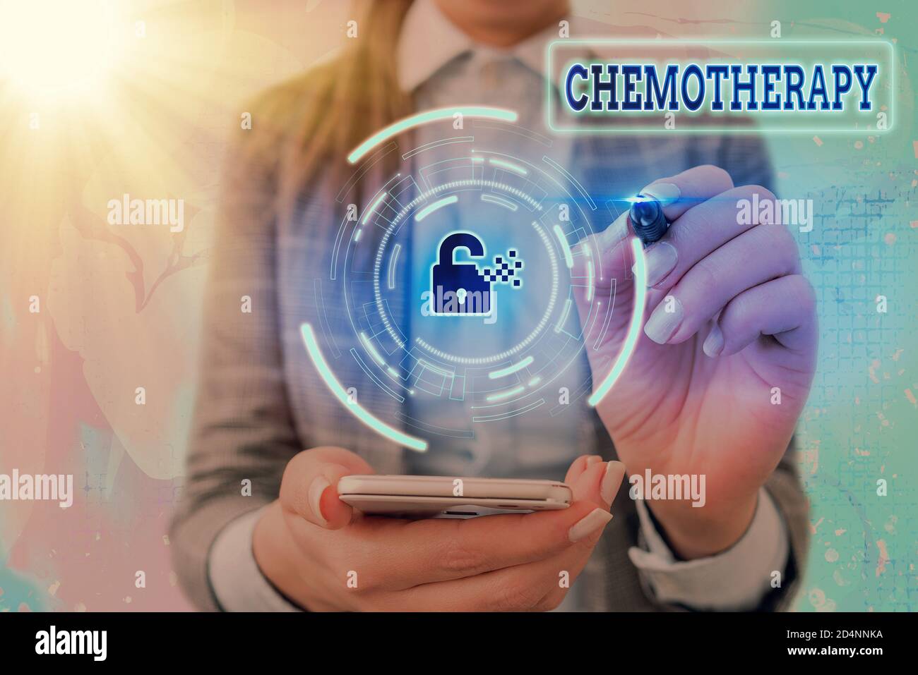 Conceptual hand writing showing Chemotherapy. Concept meaning treatment of disease used chemical substances for cancer Graphics padlock for web data s Stock Photo