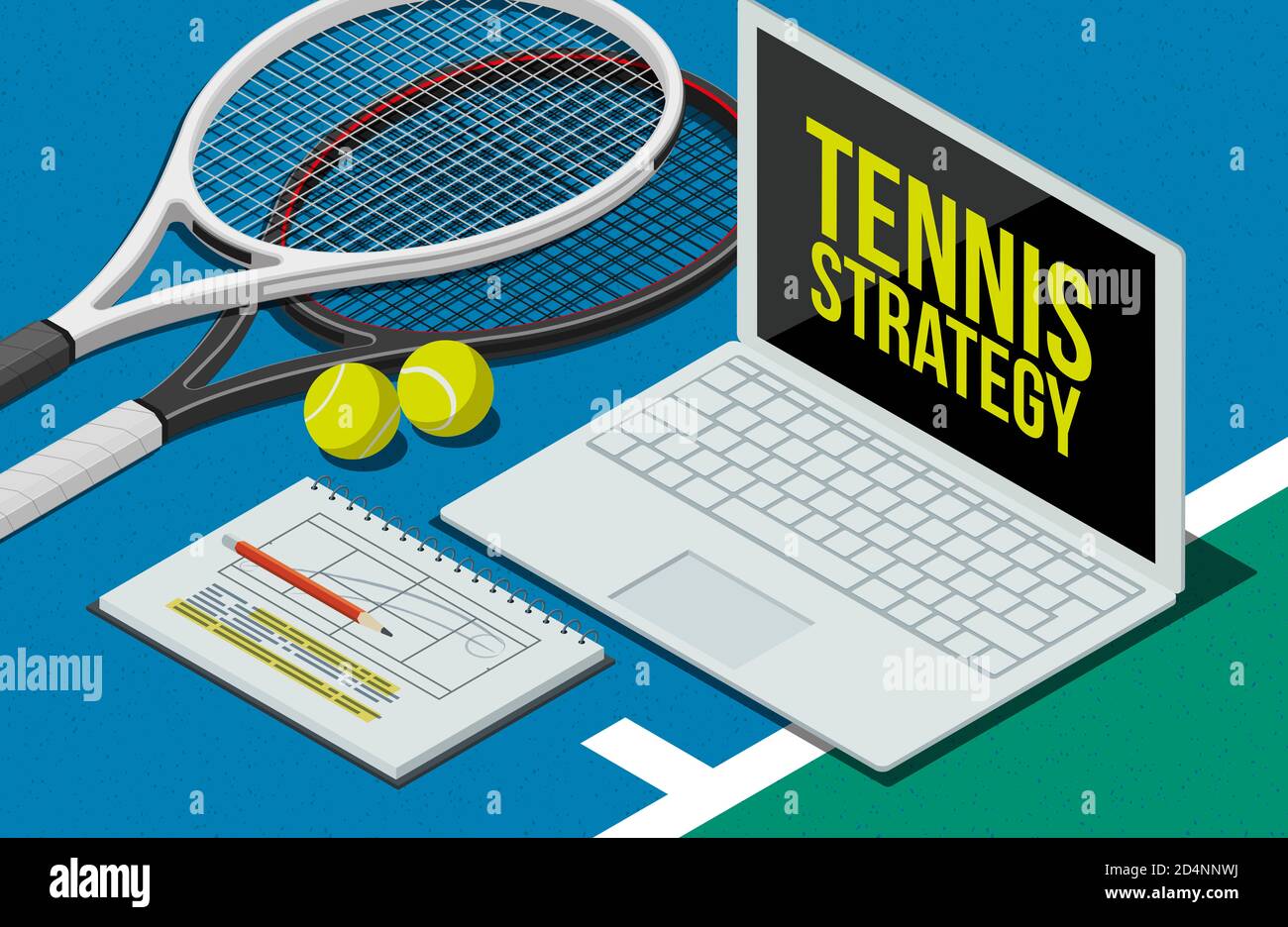 Tennis strategies and tactics: laptop, rackets and balls, 3D illustration  Stock Photo - Alamy