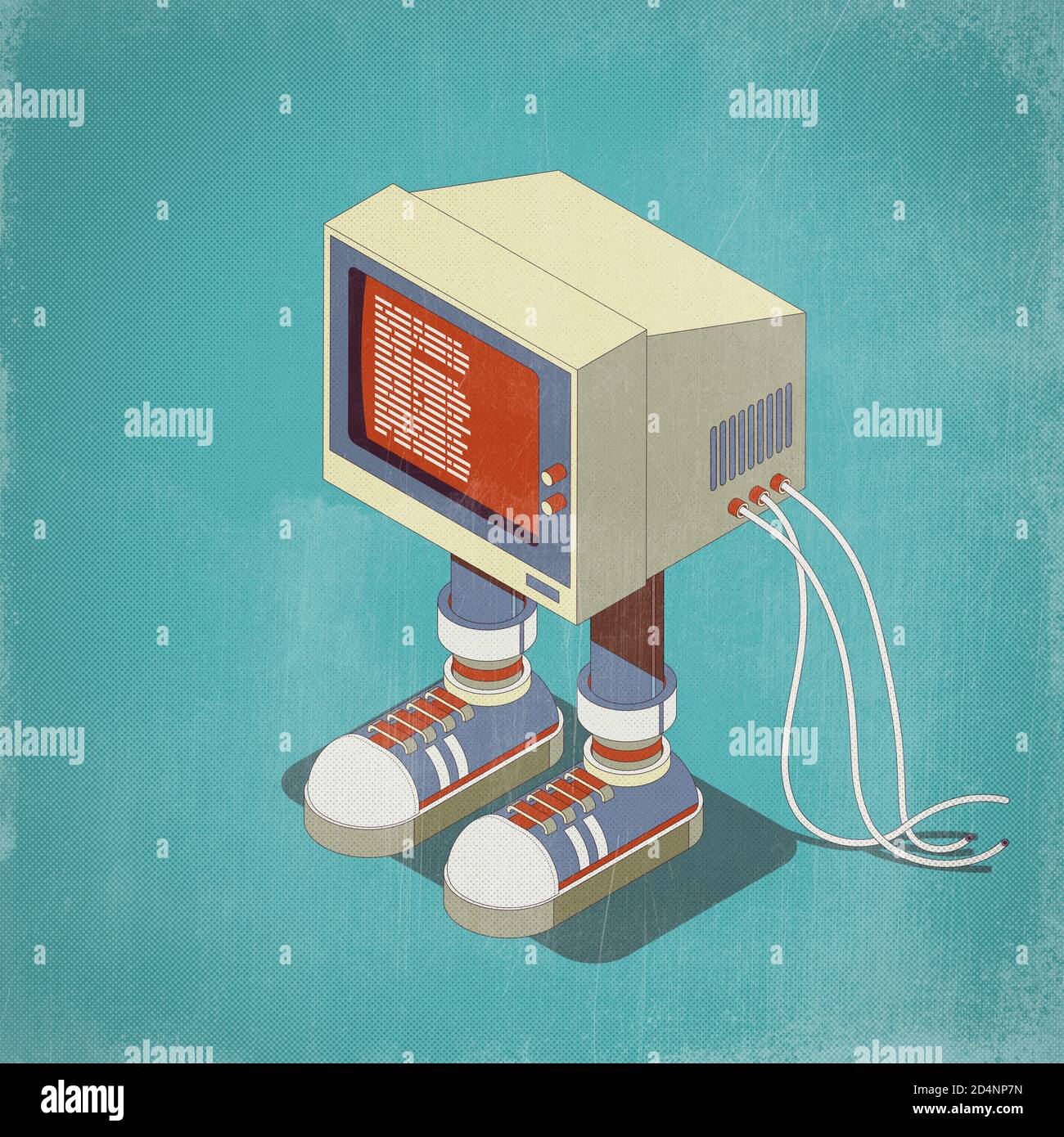 Funny vintage computer character with sneakers, isometric 3D illustration Stock Photo