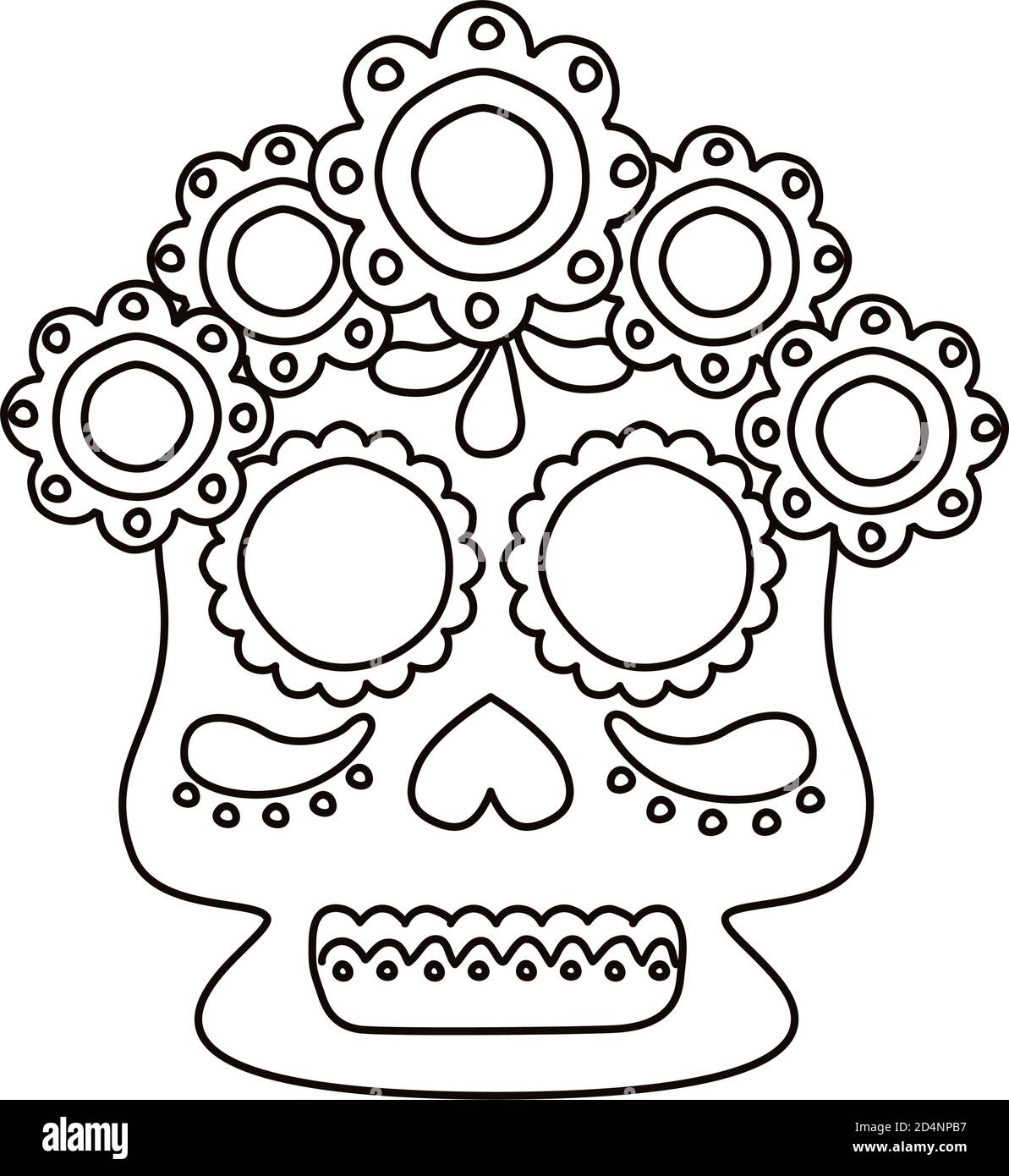 traditional mexican skull head with flowers line style icon vector ...
