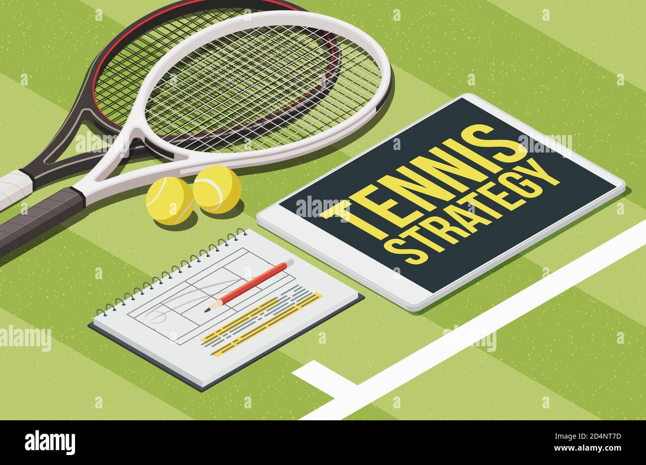 Tennis strategies and tactics: rackets, balls and digital tablet, 3D  illustration Stock Photo - Alamy