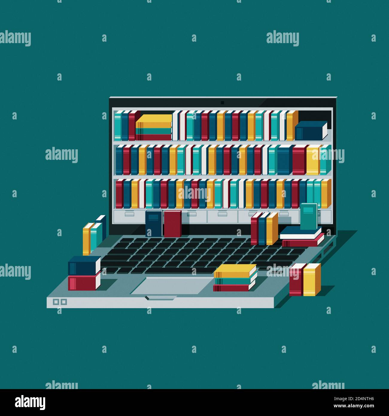 Virtual library on a computer screen with books on shelves, education ...