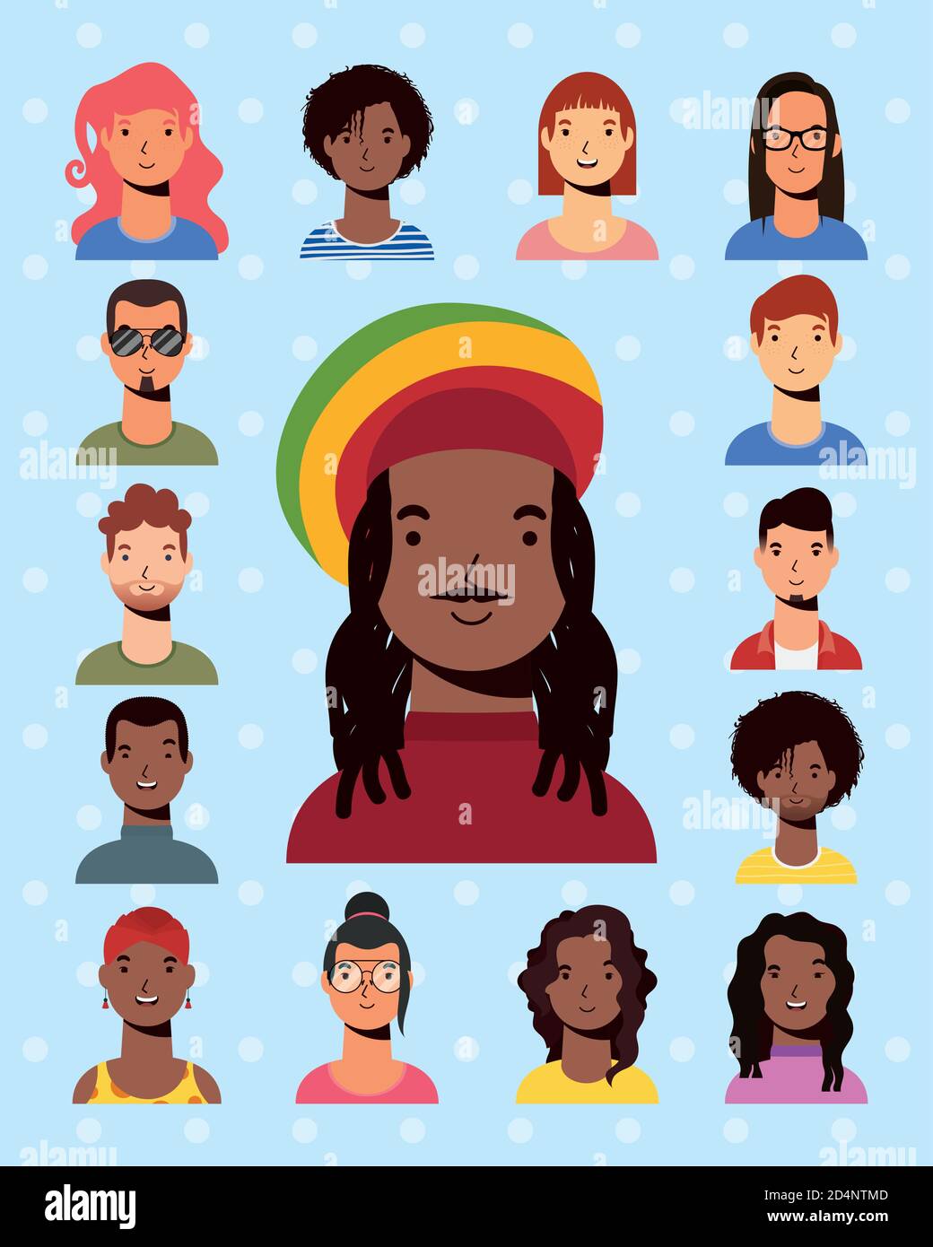 afro ethnic man with jamaican hat and interracial people vector flat ...
