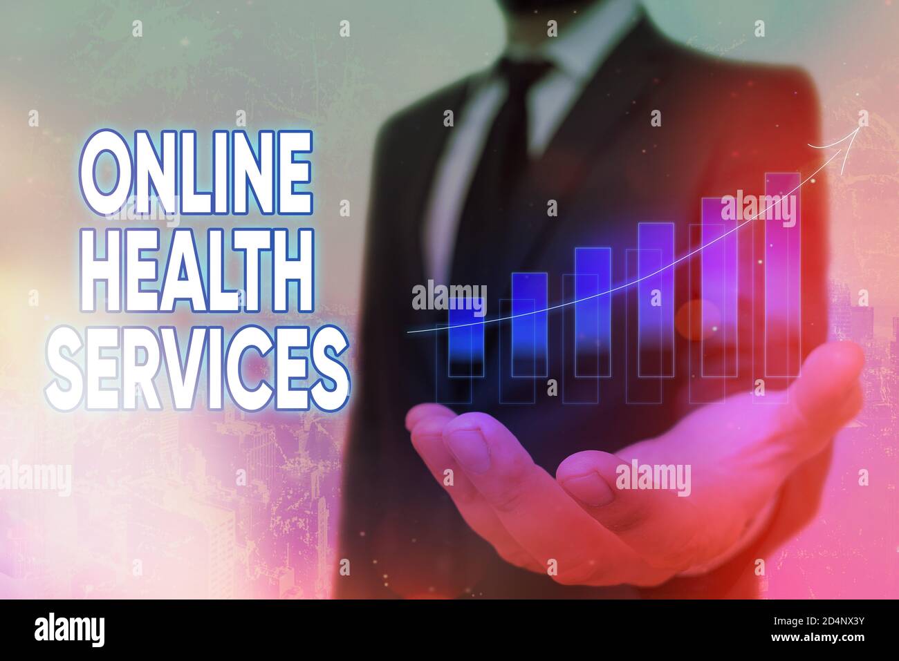 Conceptual hand writing showing Online Health Services. Concept meaning healthcare delivered and enhanced through the internet Arrow symbol going upwa Stock Photo