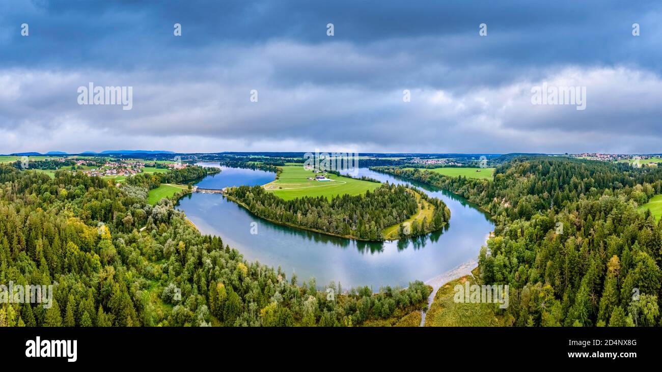 Loop of the Lech river, near Apfeldorfhausen, as seen from Reichling, Apfeldorf, Pfaffenwinkel region, Upper Bavaria, Bavaria, Germany, Europe Stock Photo