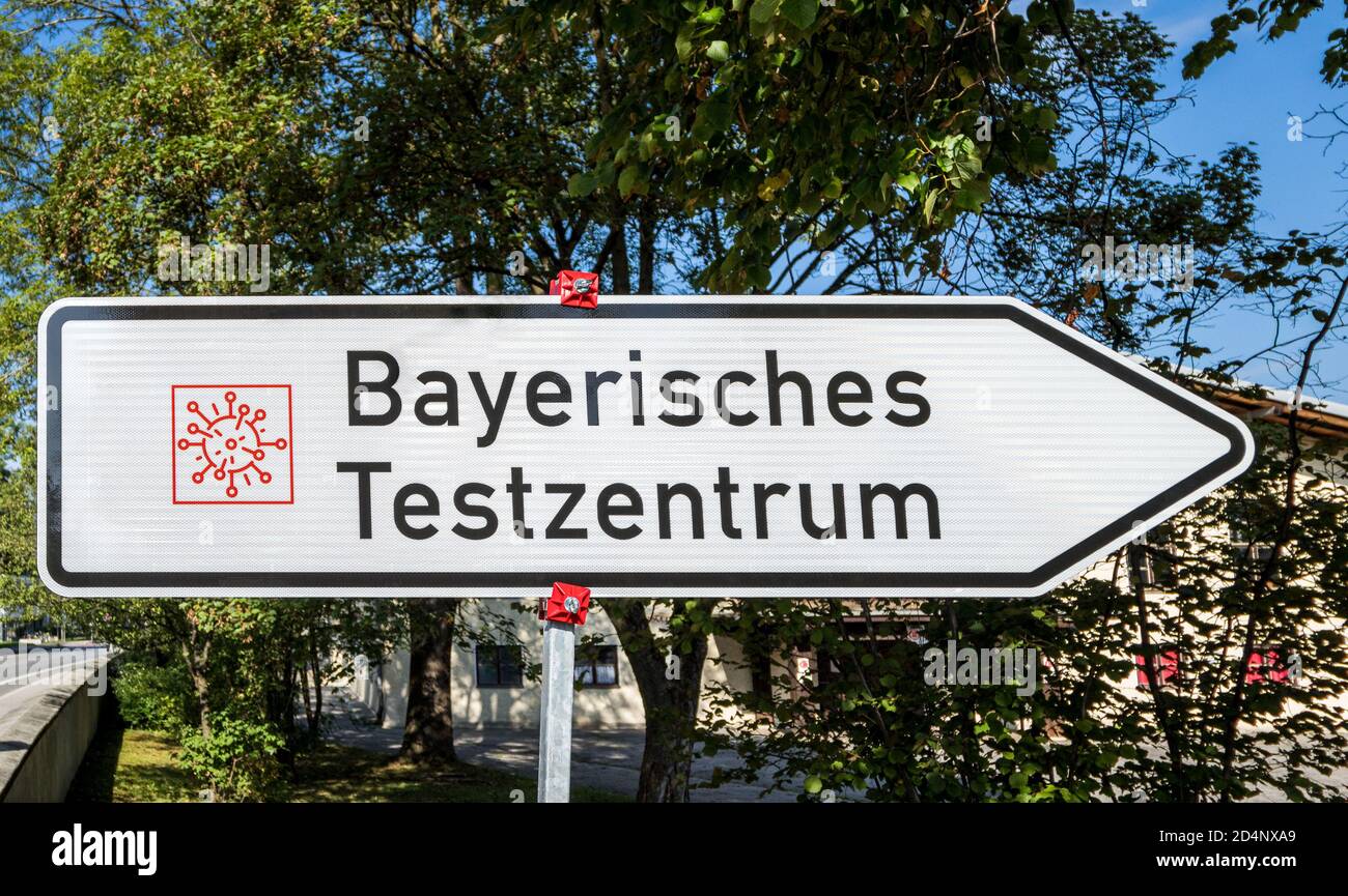 Signpost to the Bavarian Corona Test Center in Weilheim Obb., Bavaria, Germany, Europe Stock Photo