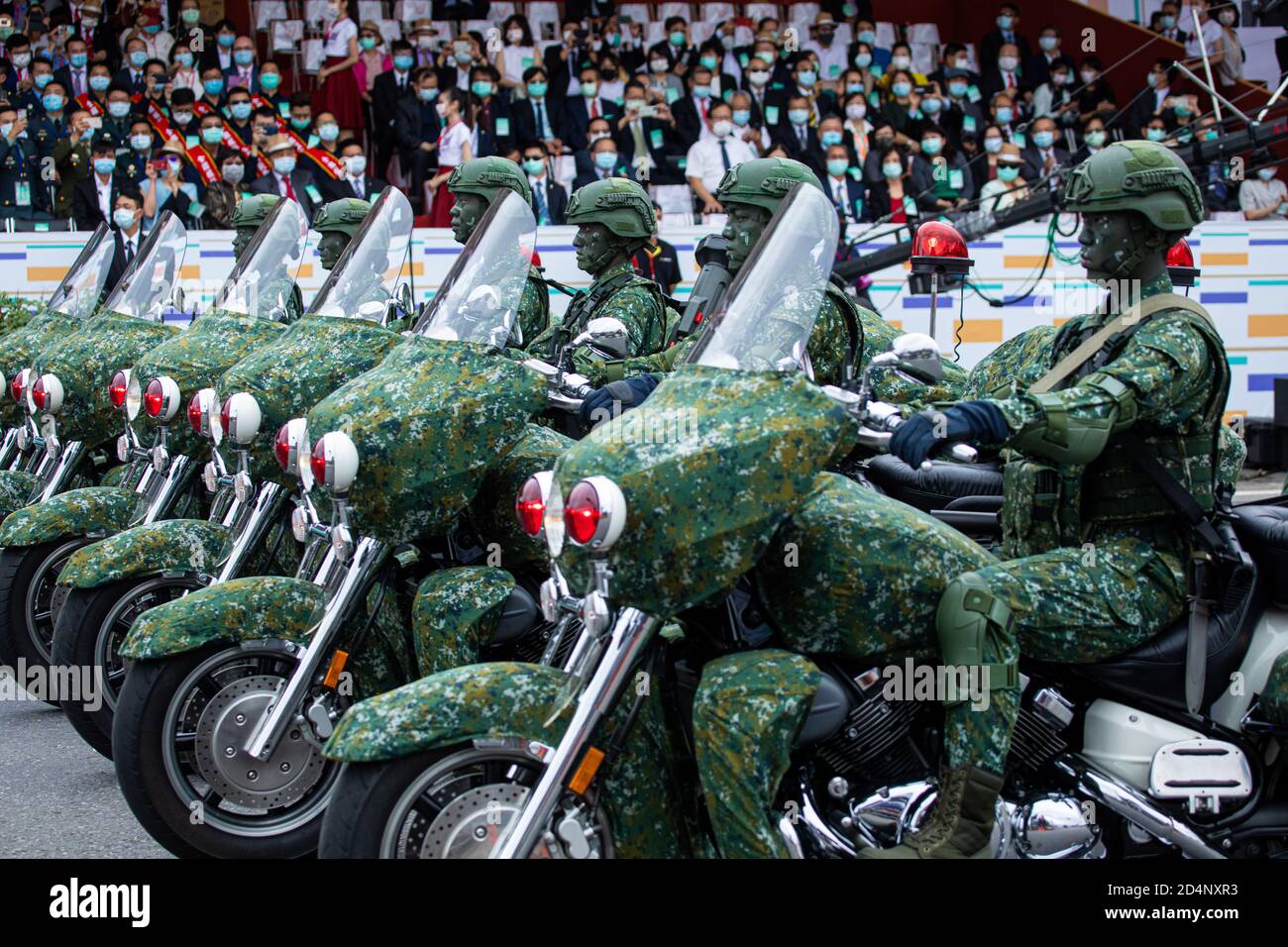 Taipei, Taiwan. 10th Oct, 2020. Special Forces driving motorcycles during the military parades on the National Day.Taiwan's President Tsai Ing-wen made a strong speech on its 109th National Day on 10th October, where she promised to strengthen the national defenses and to work more closely with its regional partners on matters of security. Credit: SOPA Images Limited/Alamy Live News Stock Photo