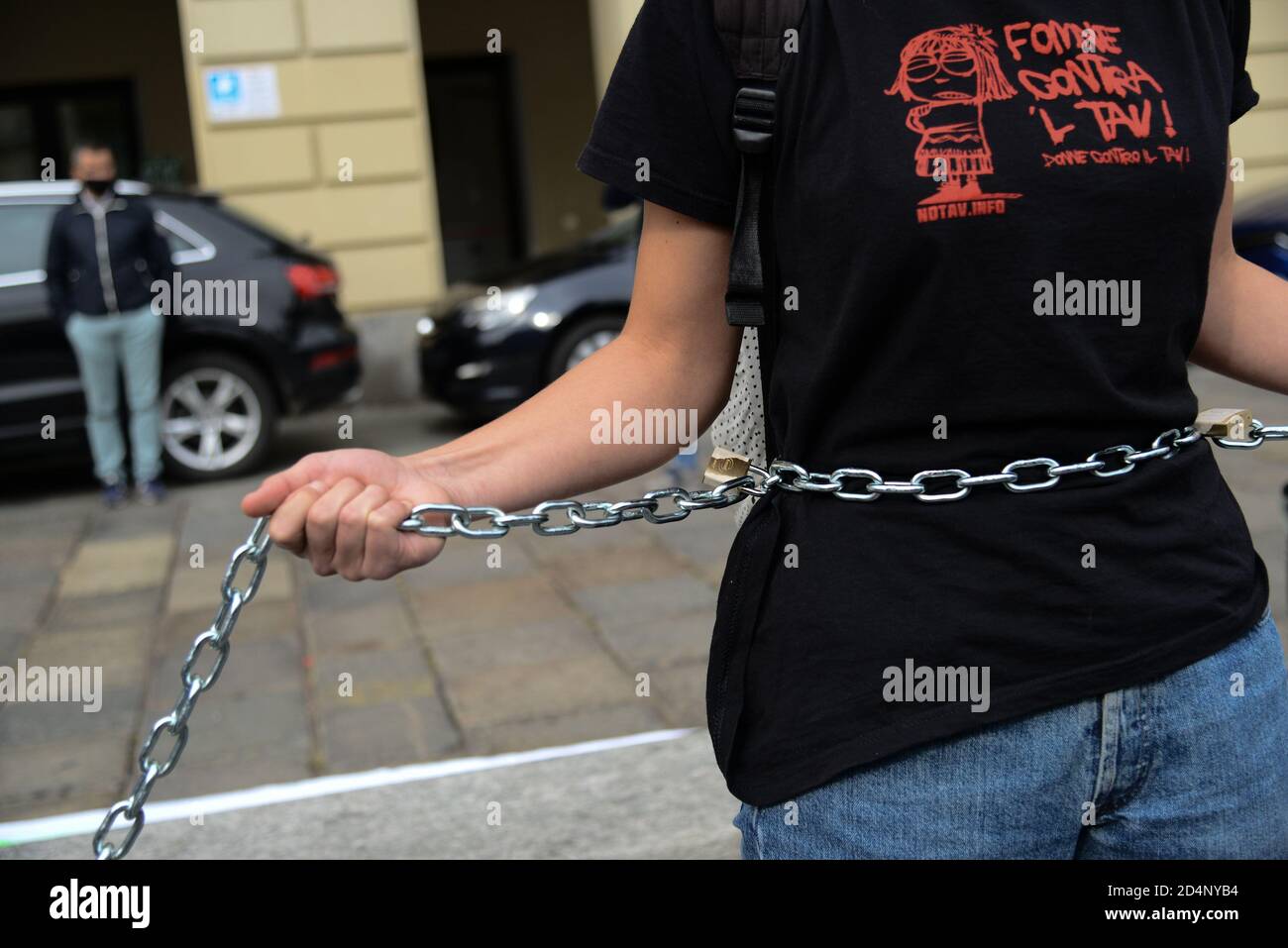 Protesters chained together during a protest as part of the Fridays for Future movement to call for action against climate change on October 09, 2020 Stock Photo