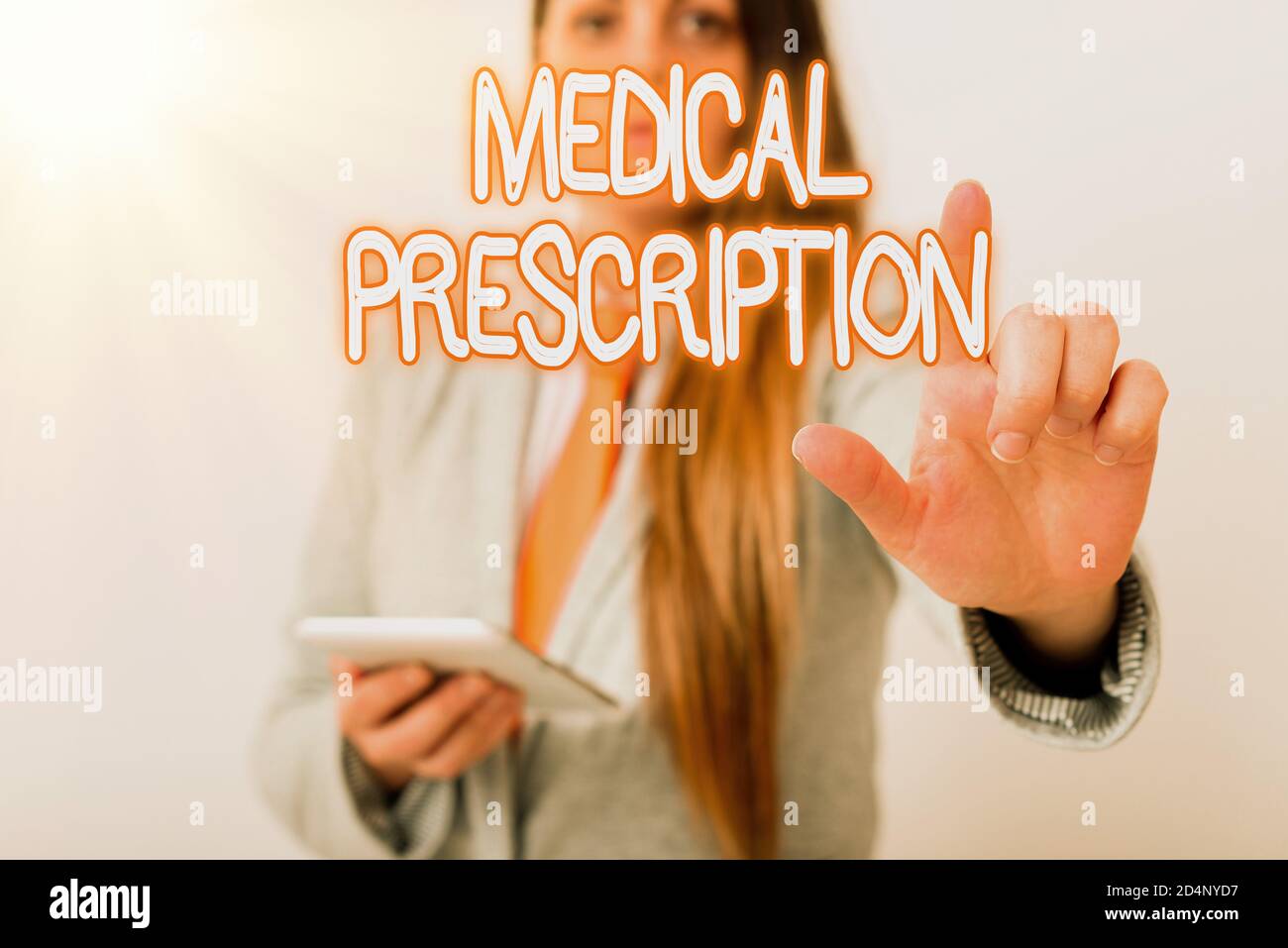 Writing note showing Medical Prescription. Business concept for healthcare program implemented by a physician Model with pointing hand finger symboliz Stock Photo