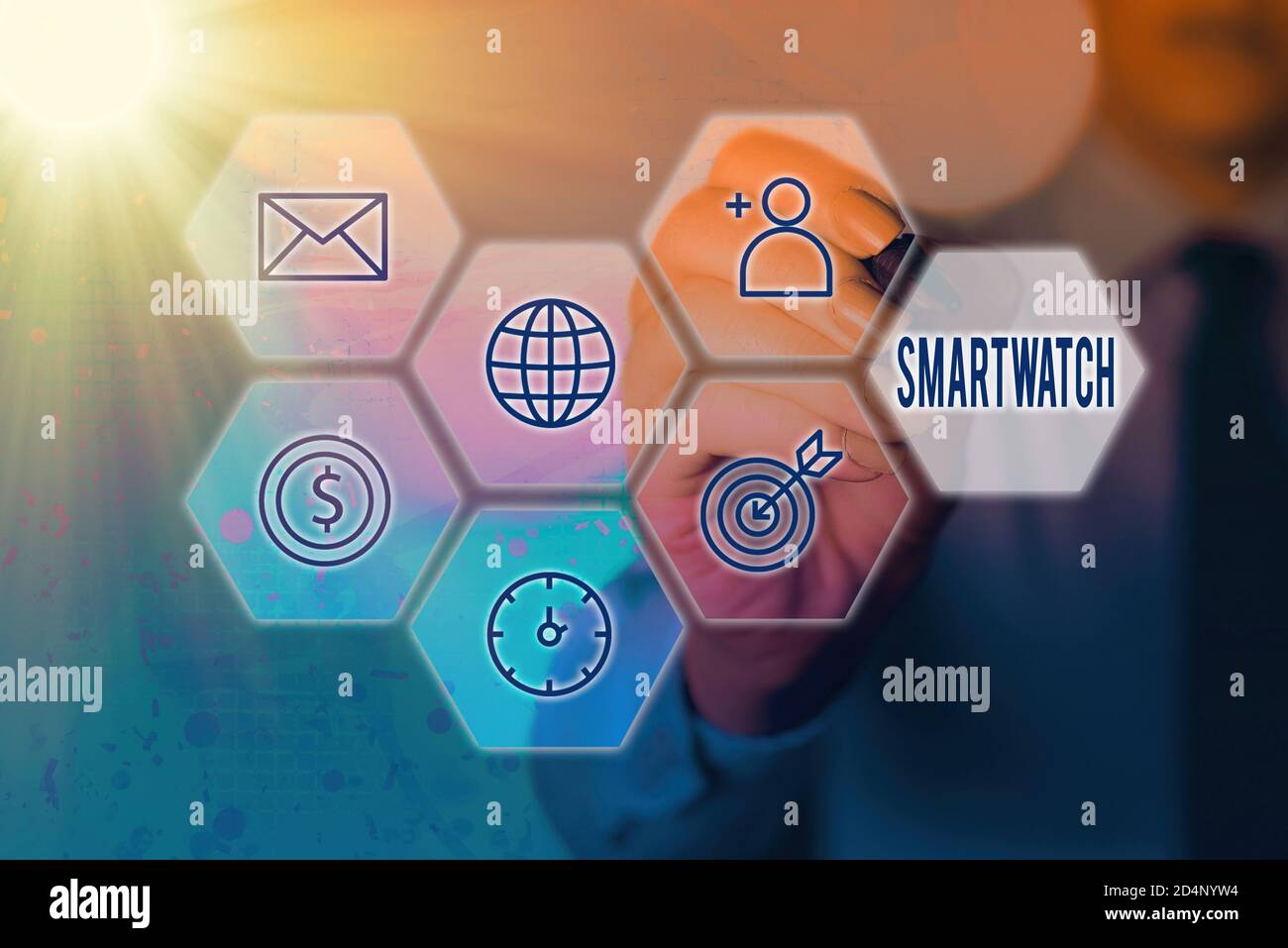 Conceptual hand writing showing Smartwatch. Concept meaning mobile device with touchscreen display, to be worn on the wrist Grids and different icons Stock Photo