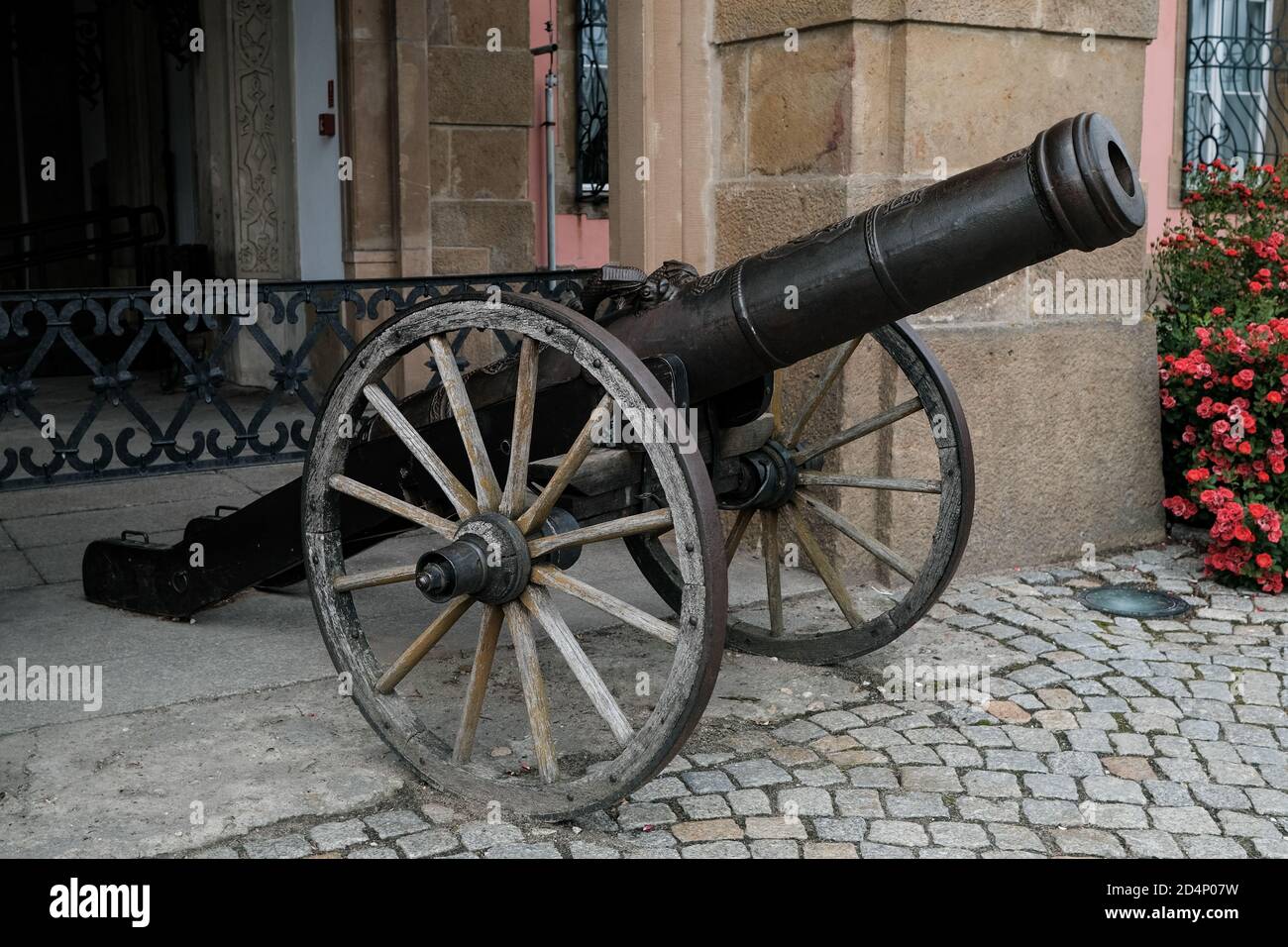 Walbrzych, Poland - 18 July 2020: The cannons at the main entrance, Ksiaz Castle, the largest castle in the Silesia region. Castle Museum Stock Photo