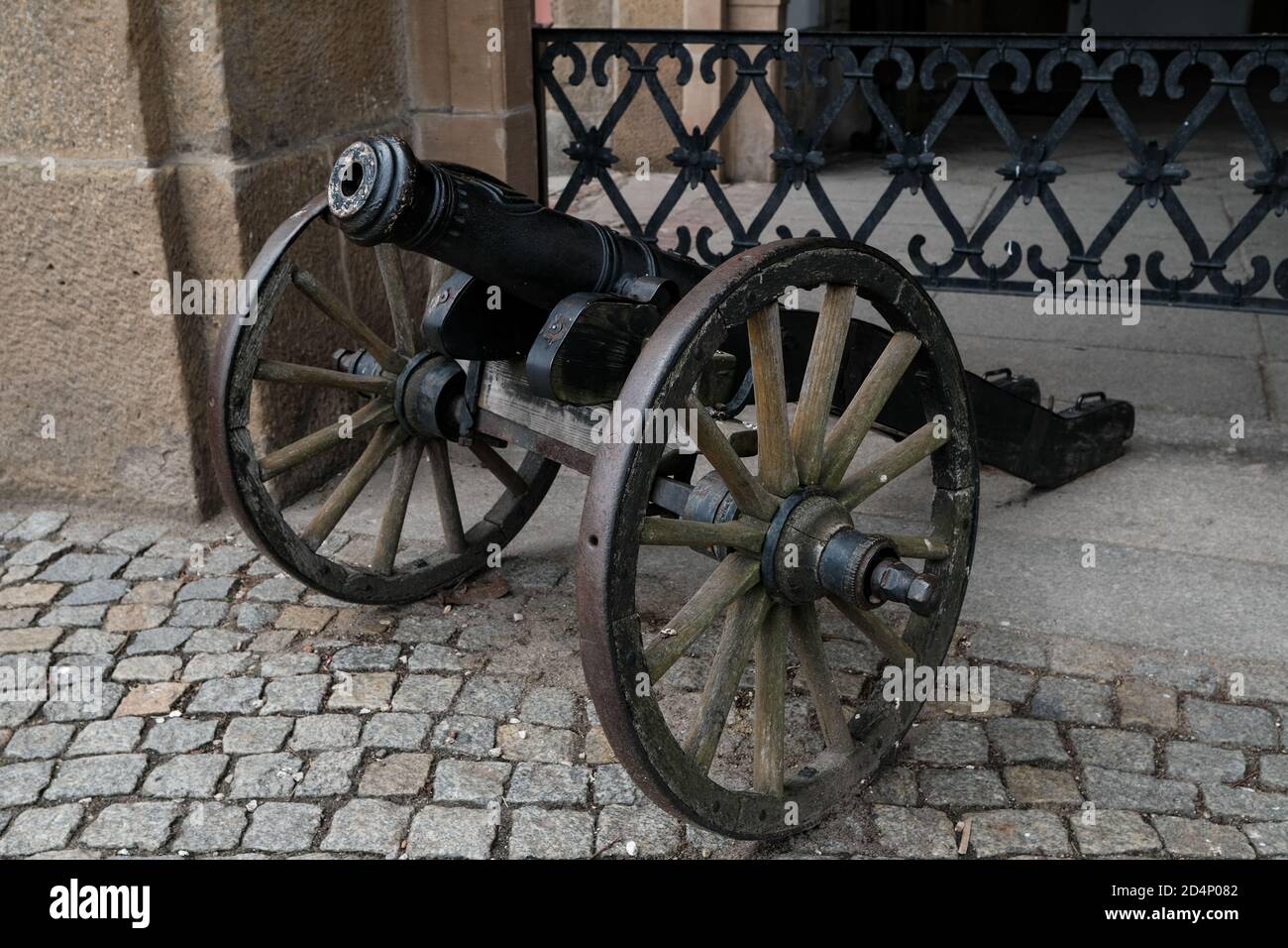 Walbrzych, Poland - 18 July 2020: The cannons at the main entrance, Ksiaz Castle, the largest castle in the Silesia region. Castle Museum Stock Photo
