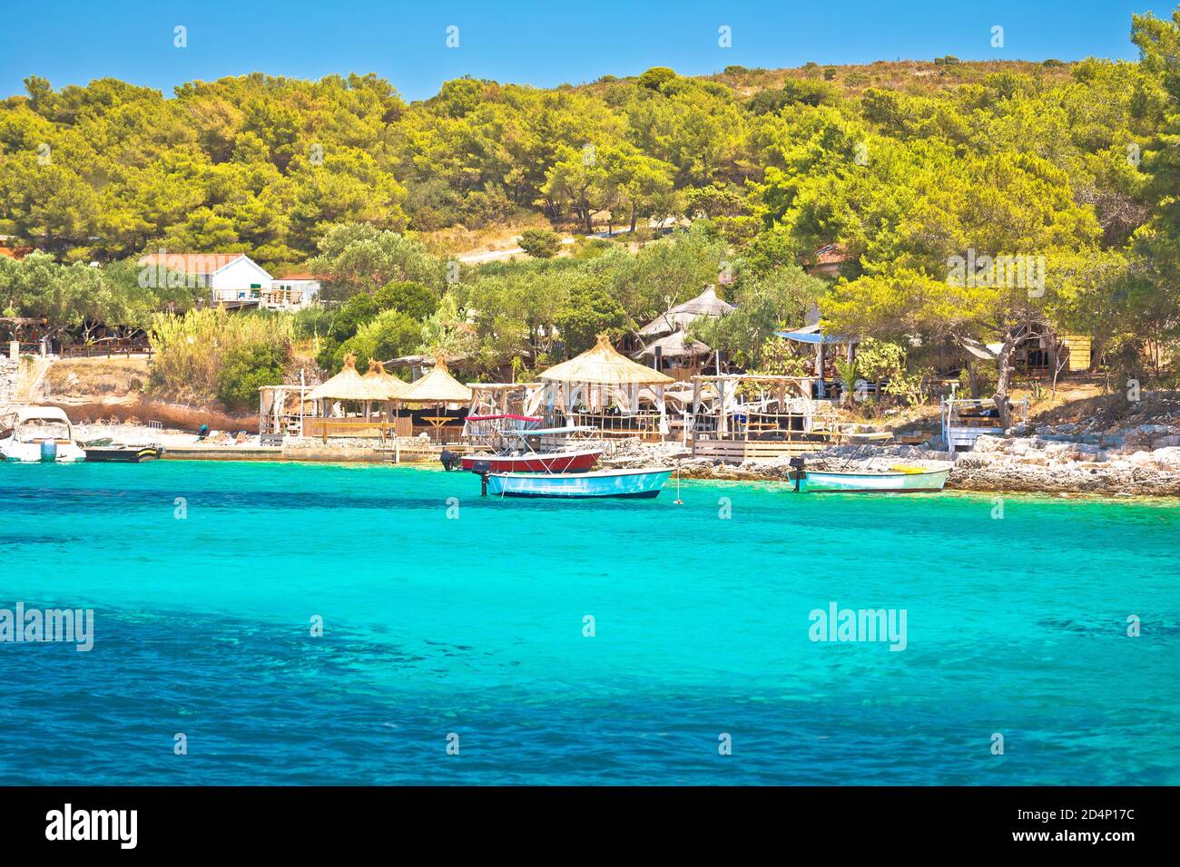 Beach bars in Palmizana bay, leisure destination in Hvar archipelago of Croatia, Pakleni Otoci islands Stock Photo