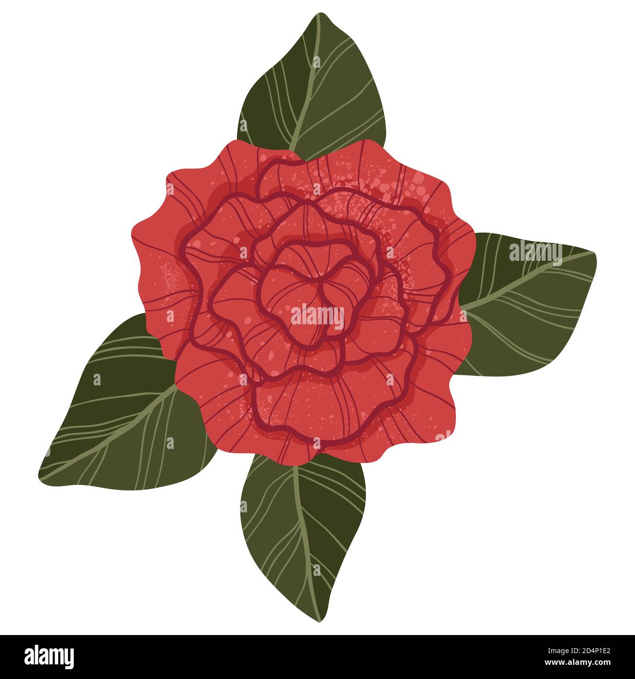 Single red rose in flat cartoon style. Isolated on white. Top down view. Red rose flower botanical concept of love. For web, stickers, banners or prin Stock Vector