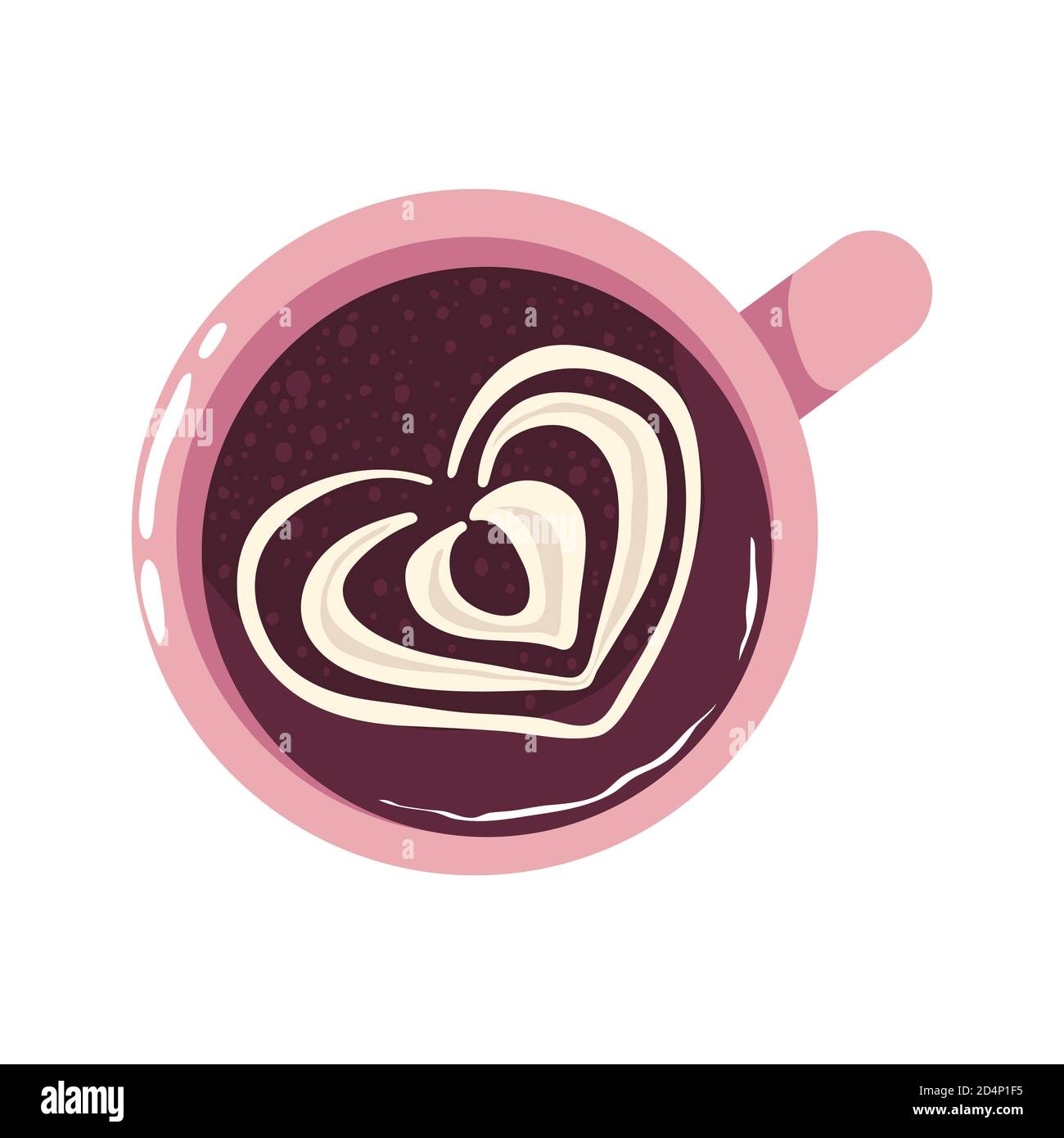 Top view cup of cappuccino in cartoons flat style. Vector clip art Coffee  with milk in pink mug Icon. Isolated on white background Stock Vector