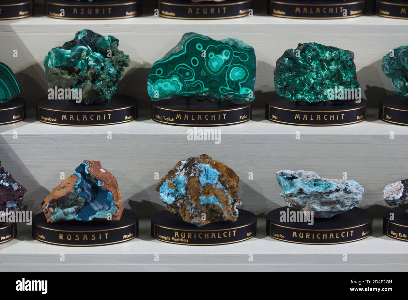 Malachite from different mineral deposits in the Urals Mountains (Russia) on display in the Hall of Minerals in the National Museum (Národní muzeum) in Prague, Czech Republic. Stock Photo
