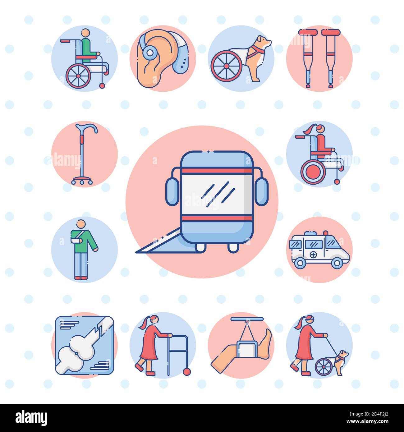 bus stop with ramp and bundle of disabilities set icons vector ...