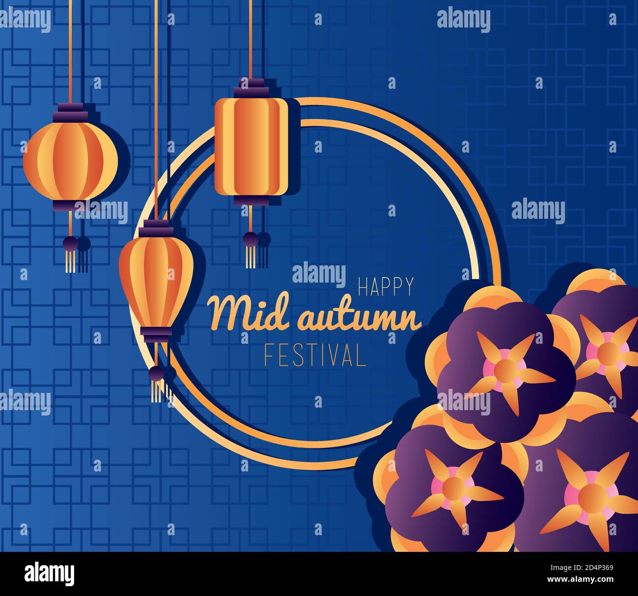 happy mid autumn festival lettering poster with flowers and lanterns ...