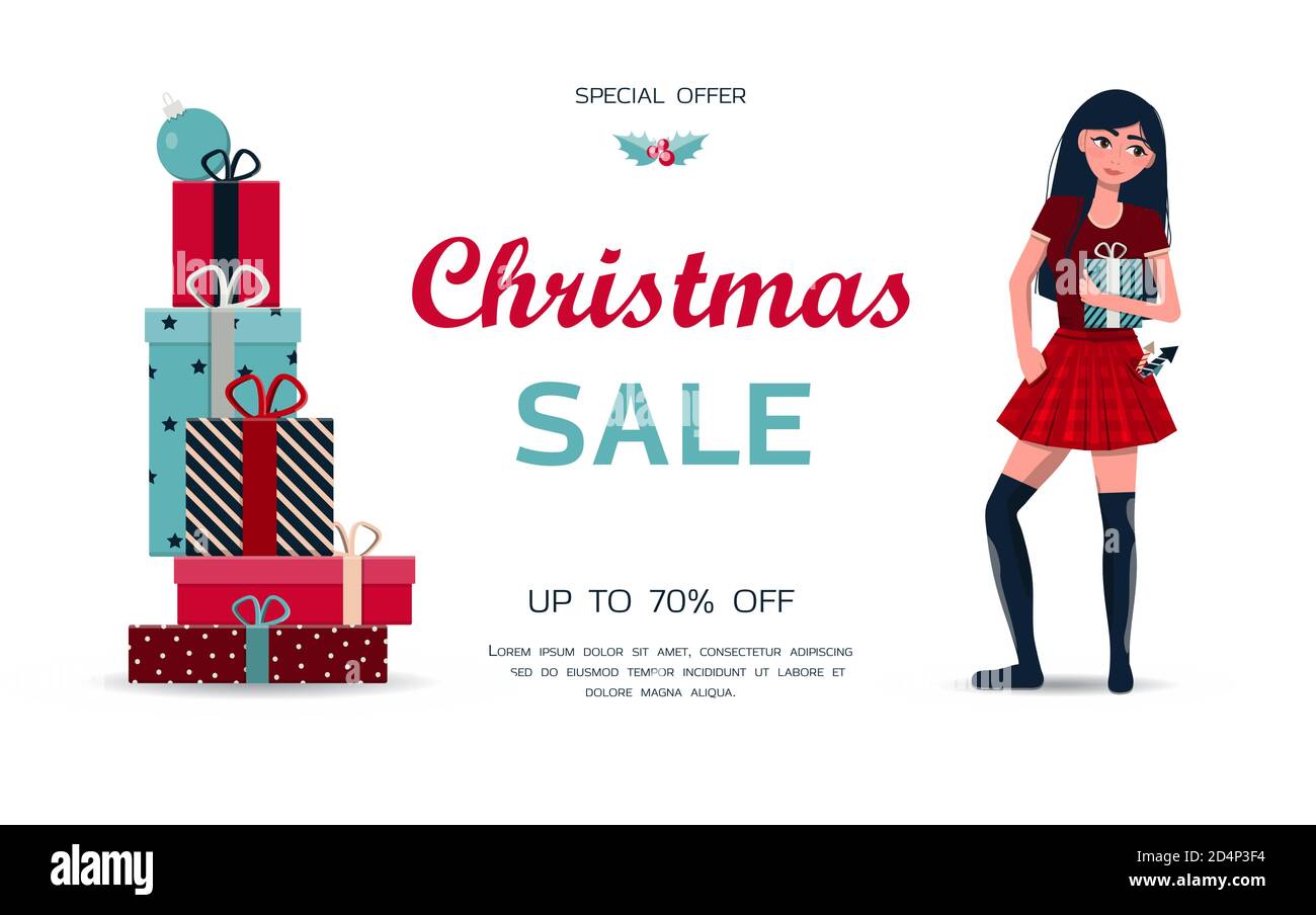 A stack of beautiful gifts for the new year s sale and black Friday. Young girl with black hair in stylish clothes with a gift. Christmas gifts, boxes in bright packaging wrappers. Special discount offer. Banner for a website, flyer, store, brochure, and app. Stock Vector