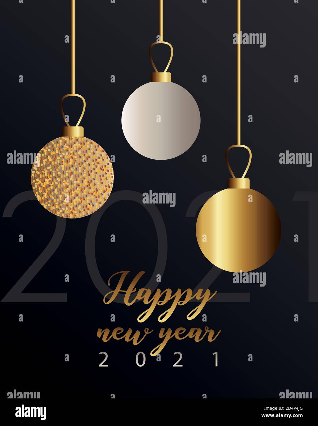 happy new year 2021 golden lettering with balls hanging in black background vector illustration design Stock Vector