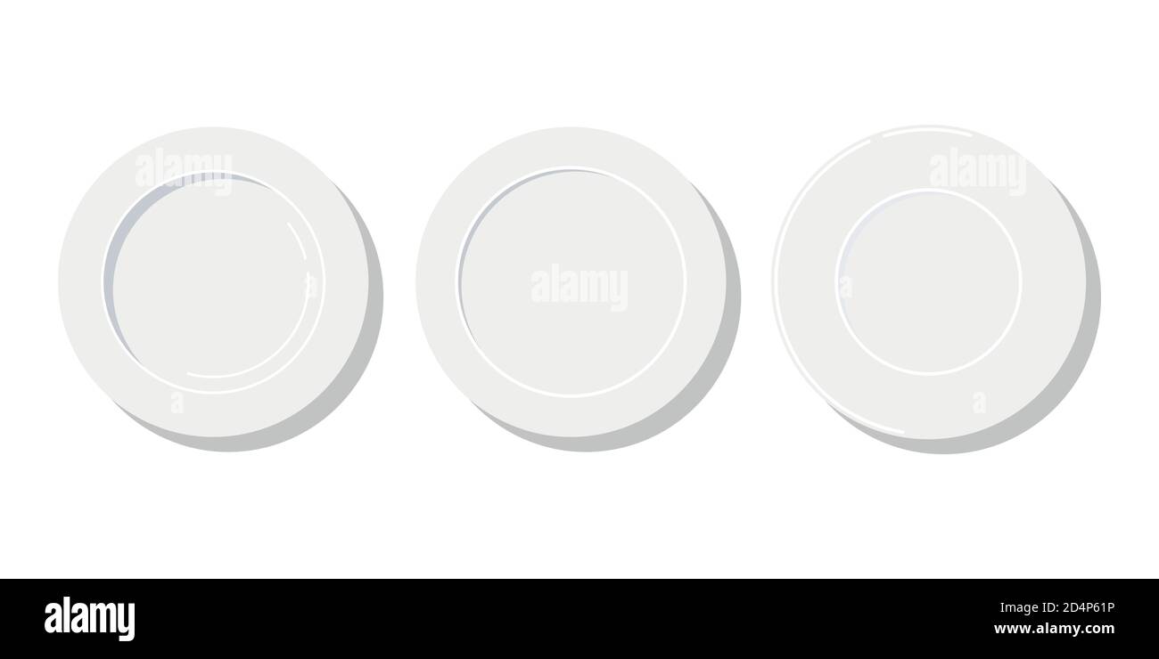 Empty white plates of different sizes icon set isolated on white background. Stock Vector