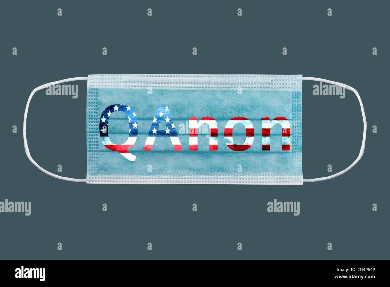 Qanon deep state conspiracy text on Medical surgical mask American flag. Stock Photo