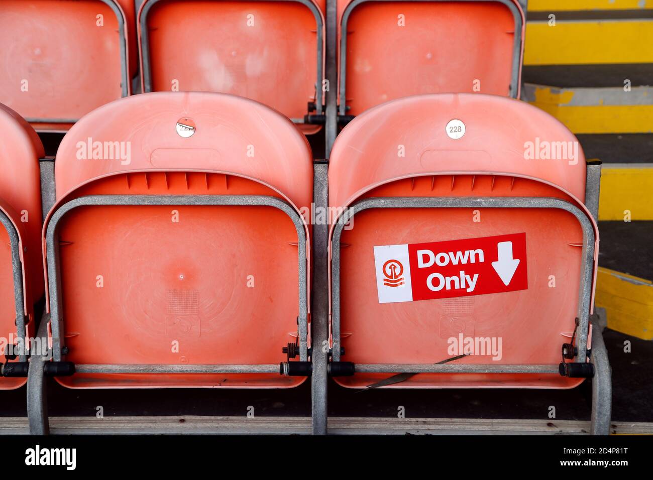 General view of social distancing measures and one way systems in place ready for the return of fans during the Sky Bet League One match at Bloomfield Road, Blackpool. Stock Photo